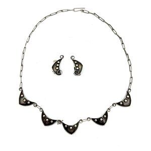 OXIDIZED sterling silver necklace & clip earring set -  artisan paperclip chain